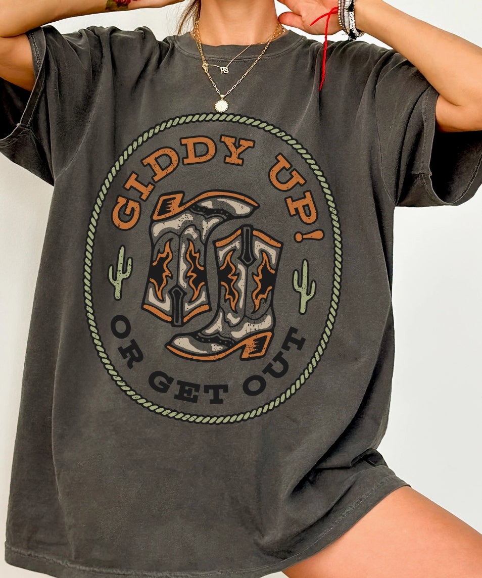 Giddy Up or Get Out T-Shirt in Pepper | CrossRail Apparel & Tack