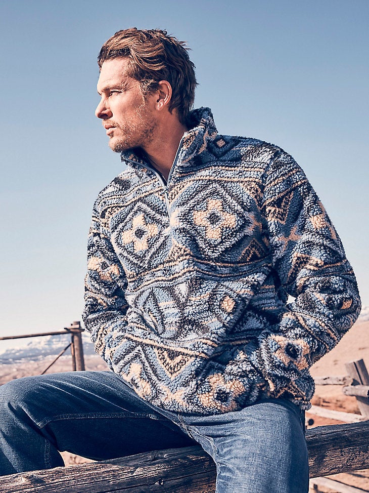 HEAVYWEIGHT QUARTER ZIP SHERPA PULLOVER IN WATER BLUE by Wrangler CrossRail Apparel Tack